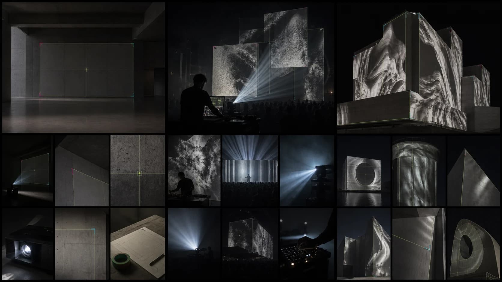 Projection studies across a concrete calibration room, a live stage, and mapped architectural forms