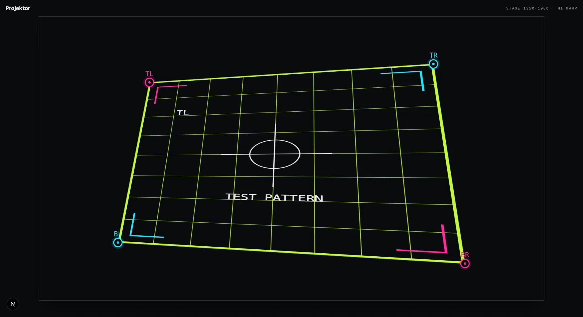 The Projektor editor with a perspective-warped test-pattern surface and four corner-pin handles.